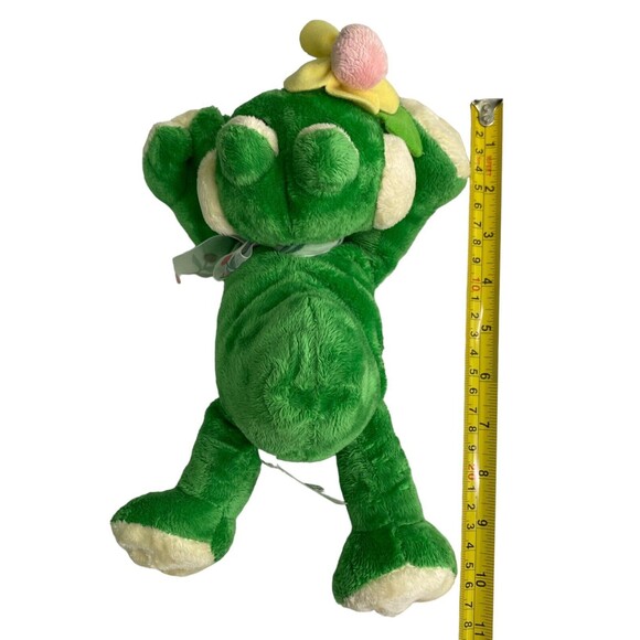 Fine Toy Frog Plush Stuffed Animal Green Holding Pink Yellow Flower Sheer Bow - Picture 15 of 15